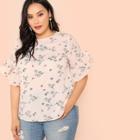 Shein Plus Allover Bird Print Ruffle Sleeve Top