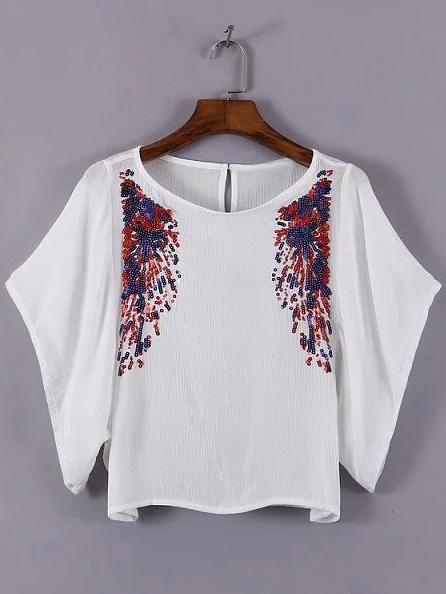 Shein White Bell Sleeve Keyhole Back Sequined Blouse