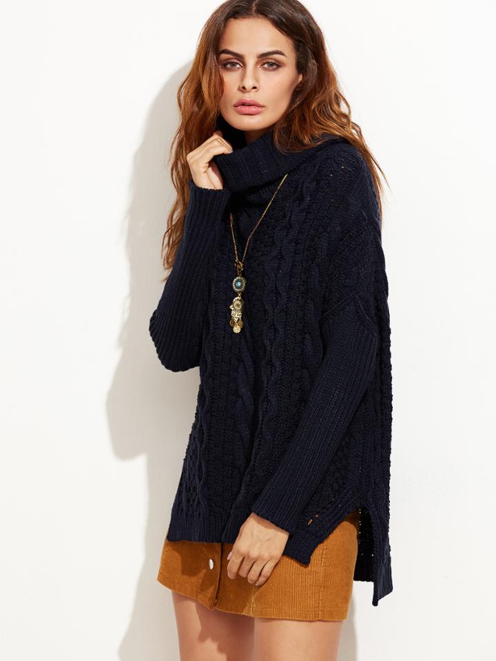 Shein Navy Cable Knit Cowl Neck High Low Sweater