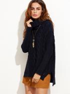 Shein Navy Cable Knit Cowl Neck High Low Sweater