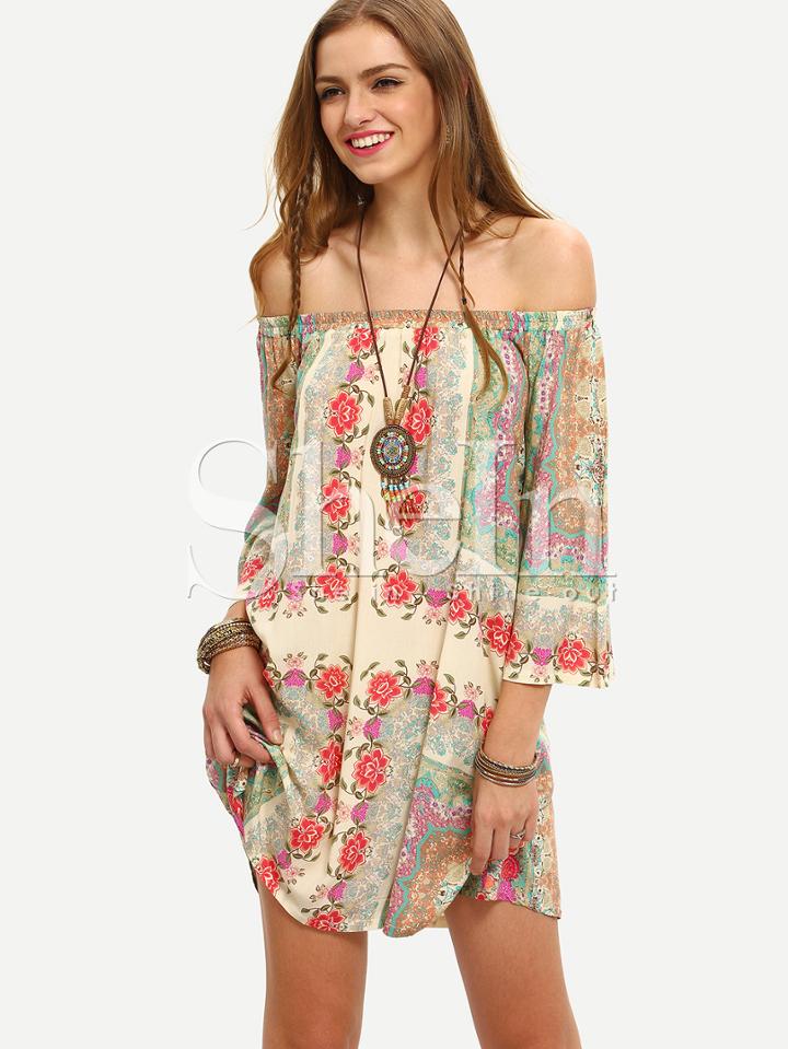 Shein Multicolor Off The Shoulder Shift Boho Dress