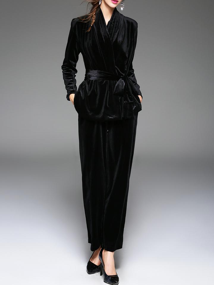 Shein Black Tie-waist Velvet Top With Pants