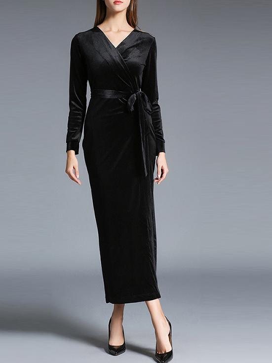 Shein Black V Neck Tie-waist Velvet Dress