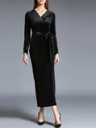 Shein Black V Neck Tie-waist Velvet Dress