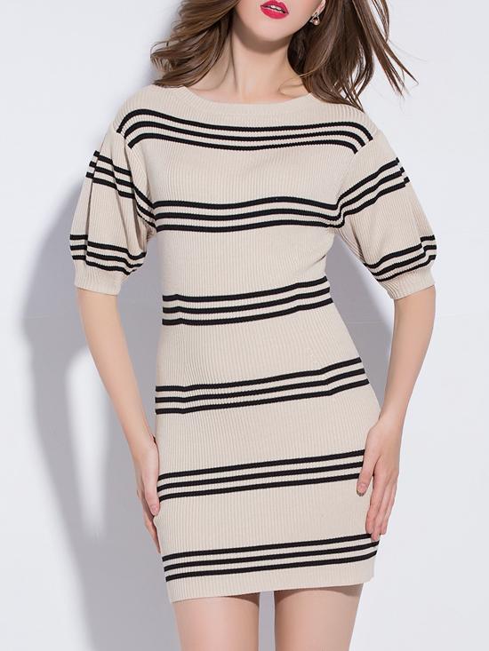 Shein Beige Contrast Black Striped Knit Sheath Dress