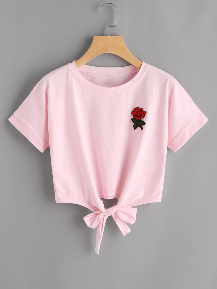 Shein Rose Patch Knot Front Tee