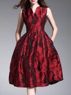 Shein Red V Neck Jacquard Pockets A-line Dress