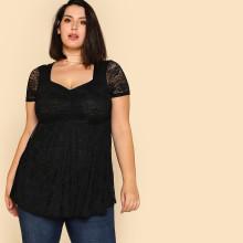 Shein Plus Shirred Front Lace Overlay Smock Top
