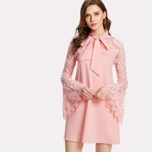 Shein Tie Neck Lace Yoke Bell Sleeve Dress