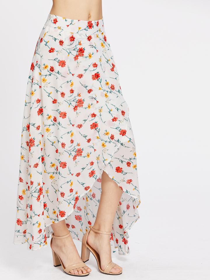 Shein High-low Hemlines Floral Zipper Side Skirt