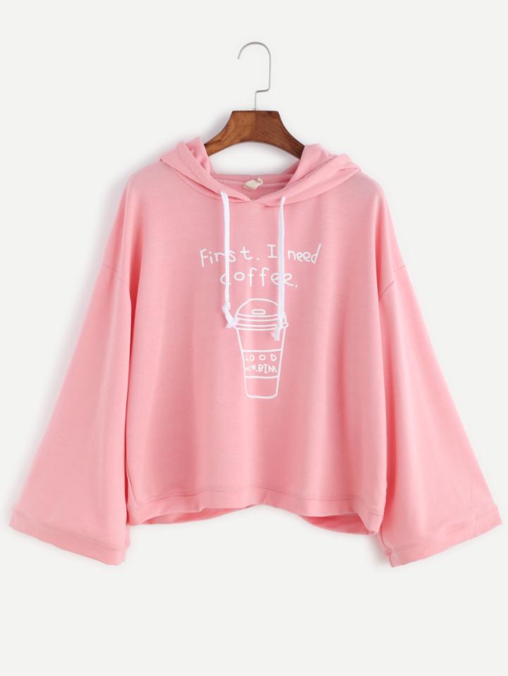 Shein Pink Coffee Cup Print Drawstring Hooded Sweatshirt