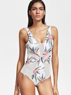 Shein White Floral Print Mesh Detail One-piece Swimwear