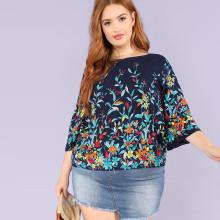 Shein Plus Round Neck Botanical Print Blouse
