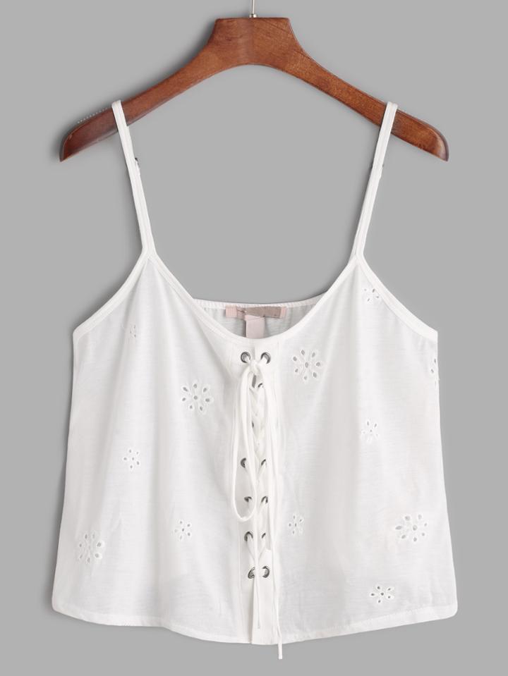 Shein White Embroidered Hollow Out Lace Up Crop Cami Top