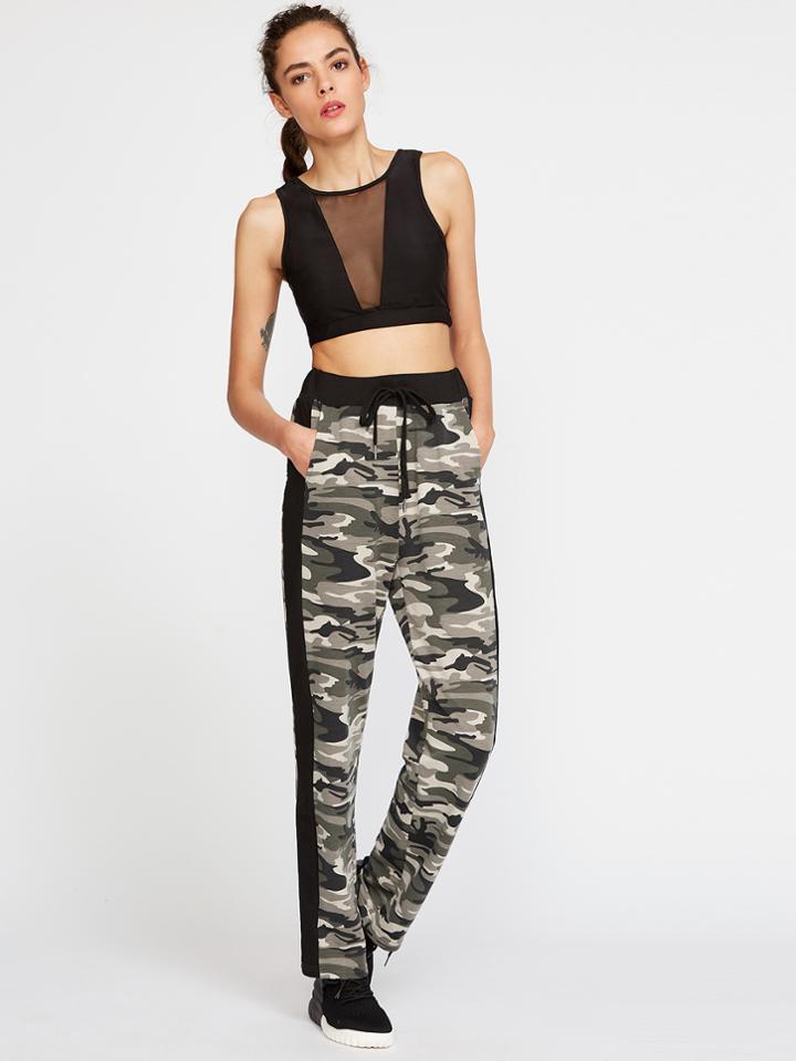 Shein Olive Green Camo Print Contrast Panel Drawstring Sweatpants