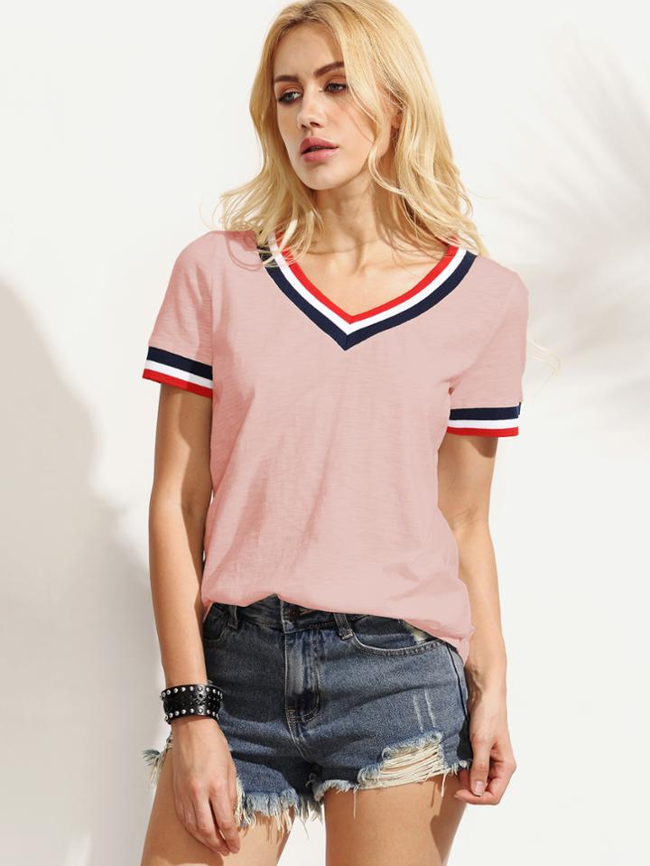 Shein Striped Trim Slub T-shirt