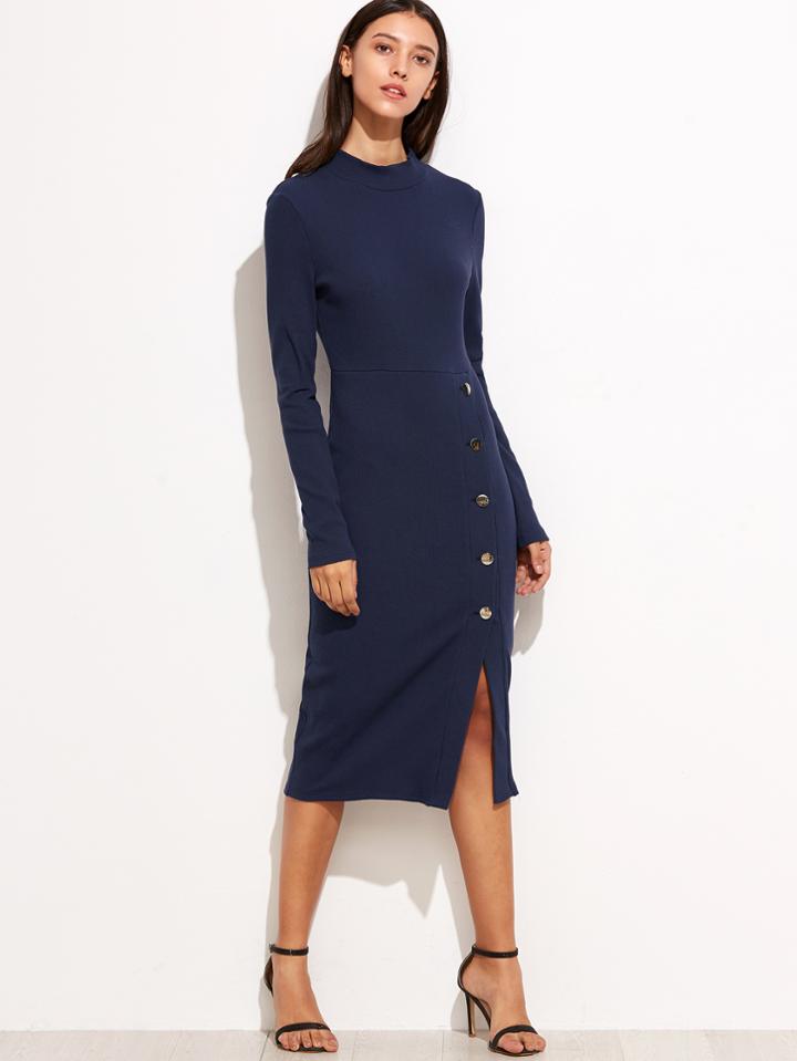 Shein Navy Asymmetric Button Front Pencil Dress