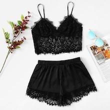 Shein Sheer Eyelash Lace Cami Top And Satin Shorts Pj Set