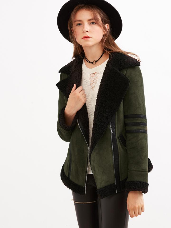 Shein Olive Green Faux Suede Shearling Jacket