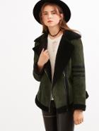 Shein Olive Green Faux Suede Shearling Jacket