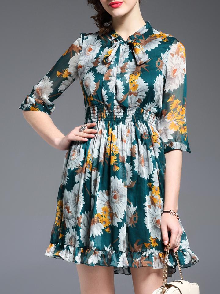 Shein Green Tie Neck Elastic-waist Flowers Print Dress