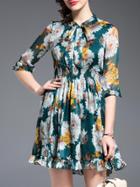 Shein Green Tie Neck Elastic-waist Flowers Print Dress