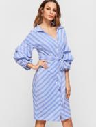 Shein Blue And White Chevron Striped Billow Sleeve Belted Shirt Dress