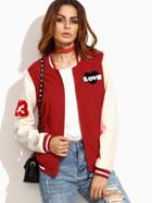 Shein Red Striped Trim Baseball Jacket With Patch Detail
