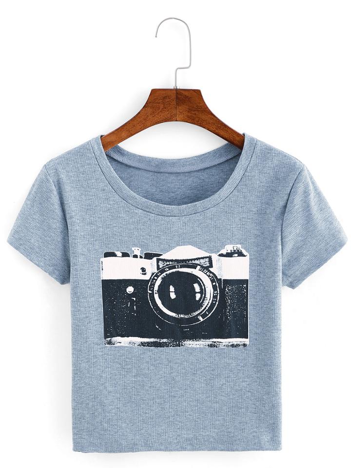 Shein Camera Print Ribbed T-shirt