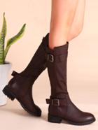 Shein Brown Double Buckled Pu Full Zip Tall Boots