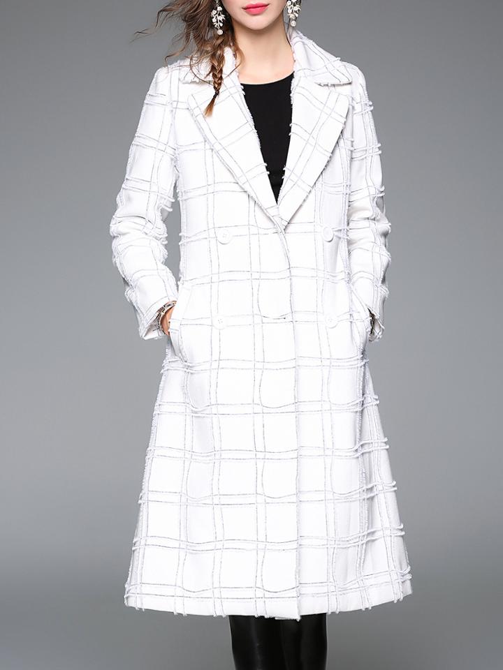 Shein White Lapel Plaid Pockets Coat