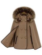 Shein Camel Removable Fur Hooded Double Breasted Cape
