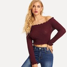 Shein Solid Off Shoulder Frill Trim Sweater