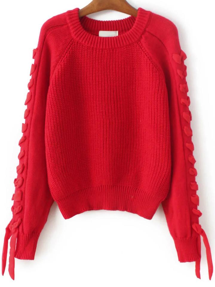 Shein Red Lace Up Detail Raglan Sleeve Sweater