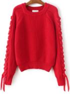 Shein Red Lace Up Detail Raglan Sleeve Sweater