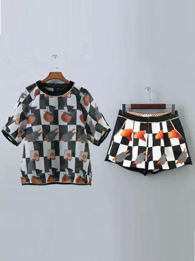 Shein Multicolor Crew Neck Plaid Top With Shorts