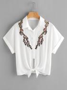 Shein Embroidered Blossom Applique Tie Front Cuffed Blouse