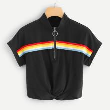 Shein Contrast Striped Tape O-ring Zip Front Tee
