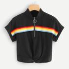 Shein Contrast Striped Tape O-ring Zip Front Tee