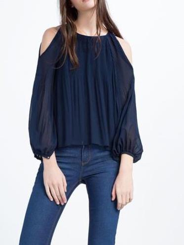 Shein Blue Open Shoulder Lantern Sleeve Chiffon Shirt