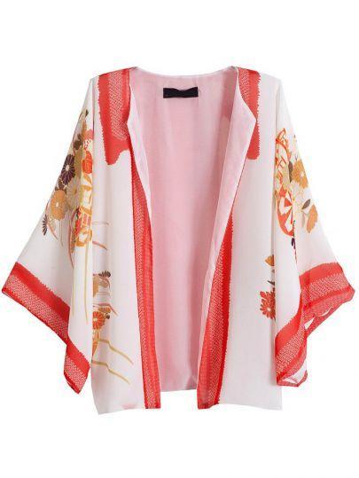 SheIn Red White Batwing Sleeve Tribal Print Kimono