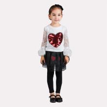 Shein Girls Heart Sequin Contrast Lace Sleeve Tee
