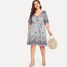 Shein Plus Floral & Striped Wrap Dress