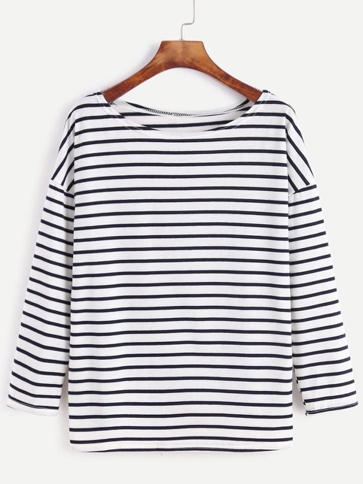 Shein Black White Striped Dropped Shoulder Seam T-shirt