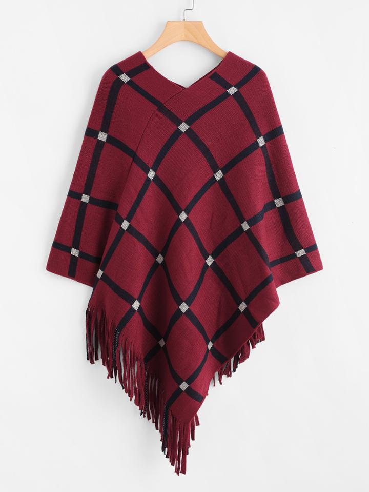 Shein Tattersall Plaid Fringe Hem Poncho Sweater