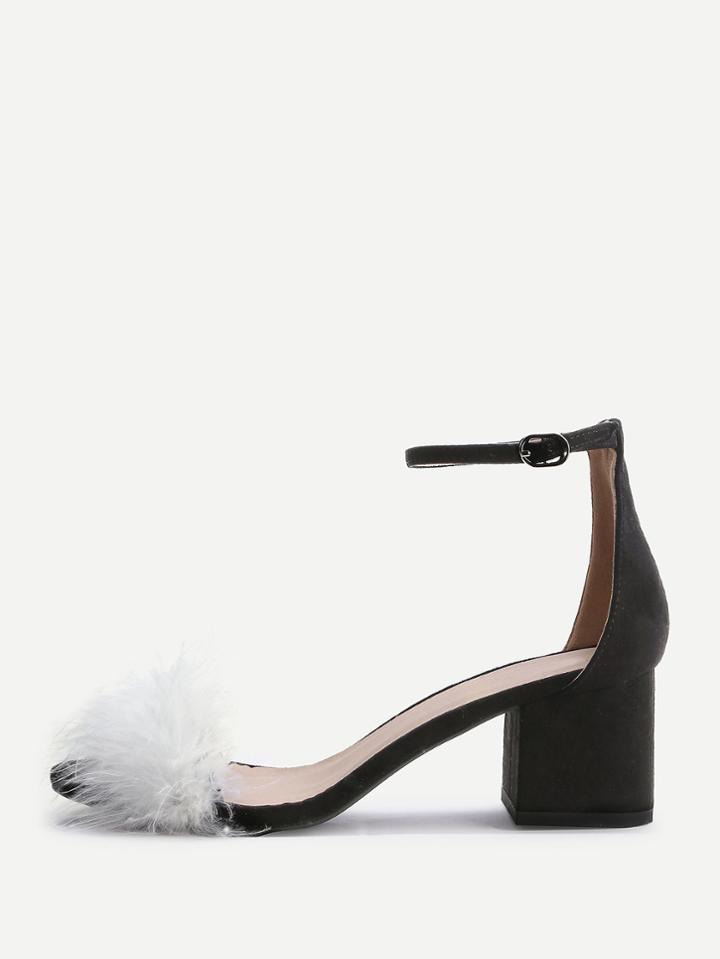 Shein Black Faux Fur Ankle Strap Chunky Heeled Sandals