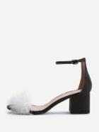 Shein Black Faux Fur Ankle Strap Chunky Heeled Sandals