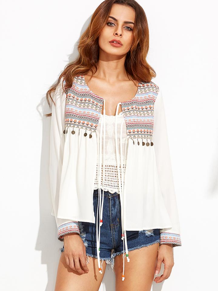 Shein White Jacquard Yoke And Cuff Coin Detail Tie Front Jacket