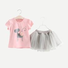 Shein Girls Cat Print Tee With Mesh Skirt