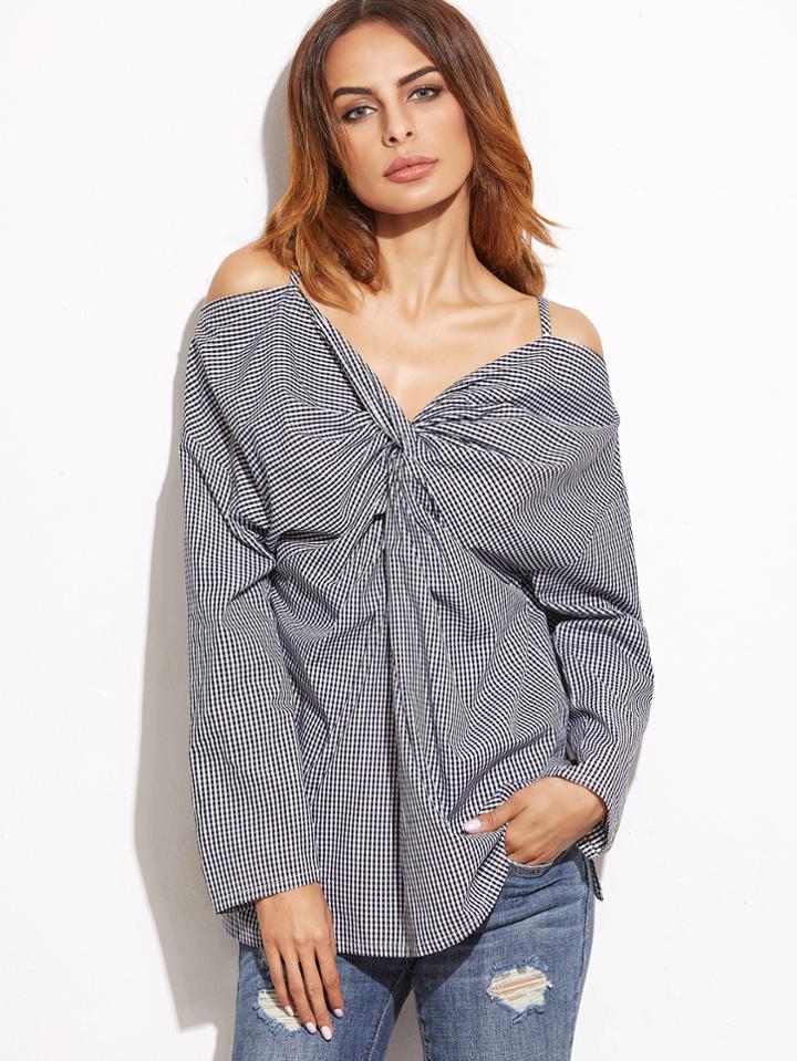 Shein Black And White Gingham Cold Shoulder Twist Front Blouse